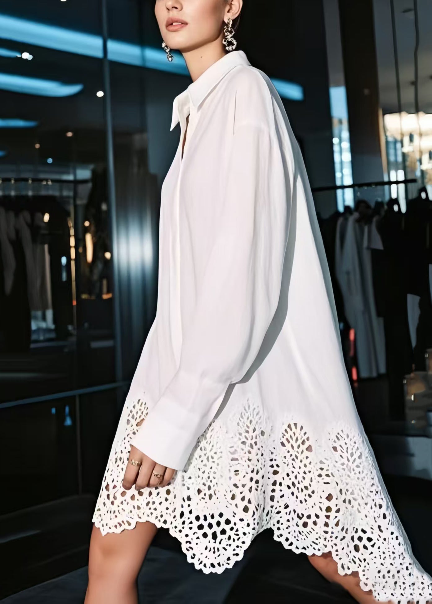 White Oversized Hollow Out Cotton Shirt Dresses Spring