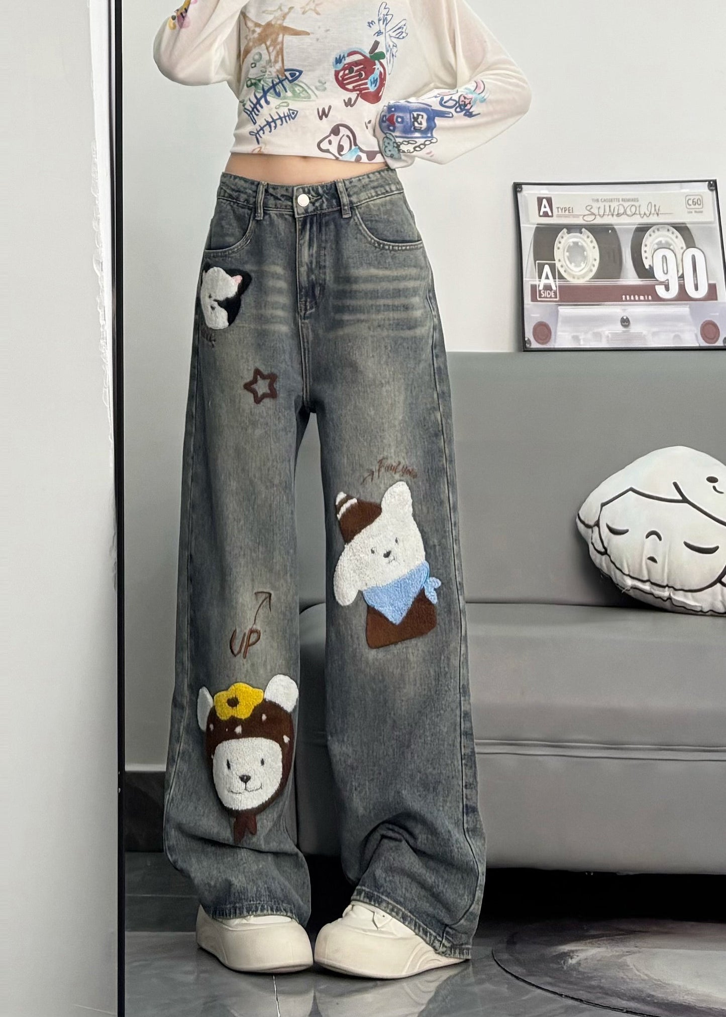 Blue Embroidered Character Denim Pants Spring