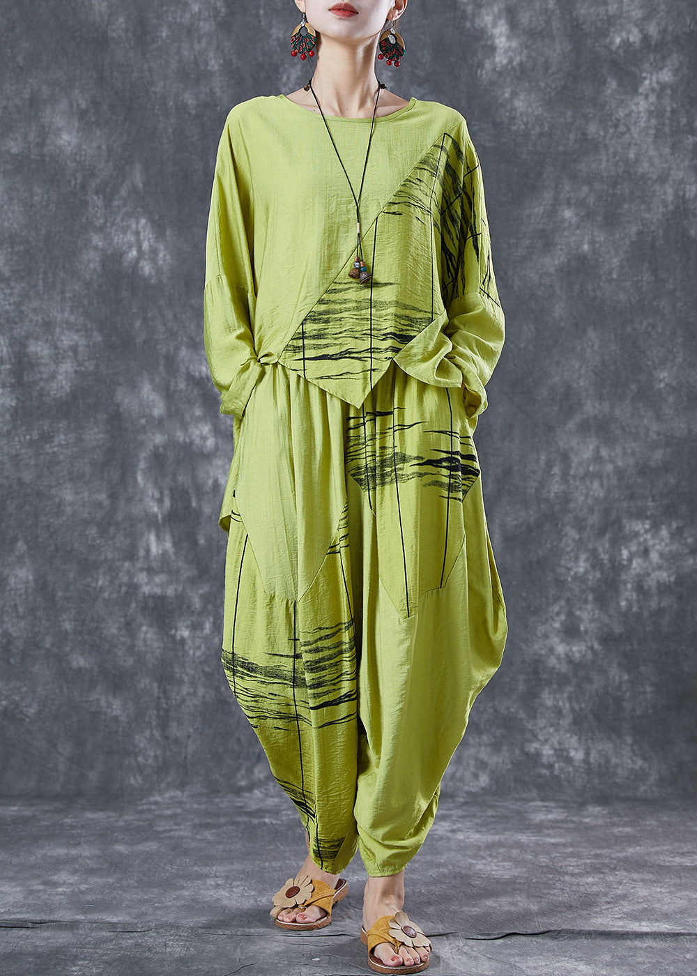 Organic Green Asymmetrical Patchwork Cotton Two Piece Set Clothing Summer
