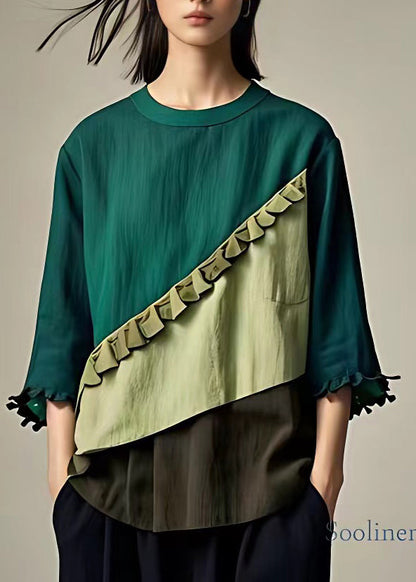 Green O-neck Ruffled Patchwork Top Bracelet Sleeve