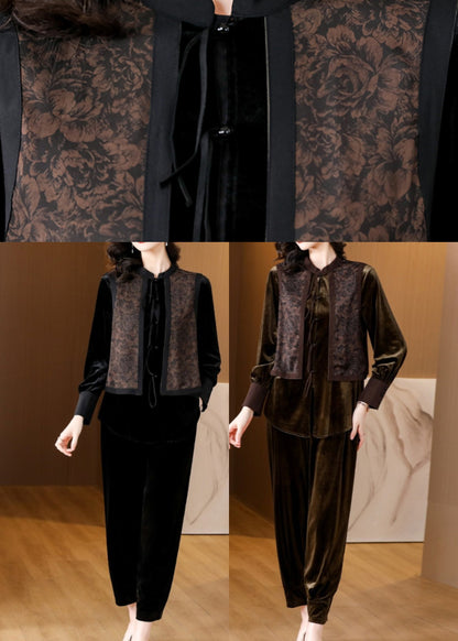 Brown Patchwork Button Silk Velour Top and Harem Pants Two Pieces Set Long Sleeve