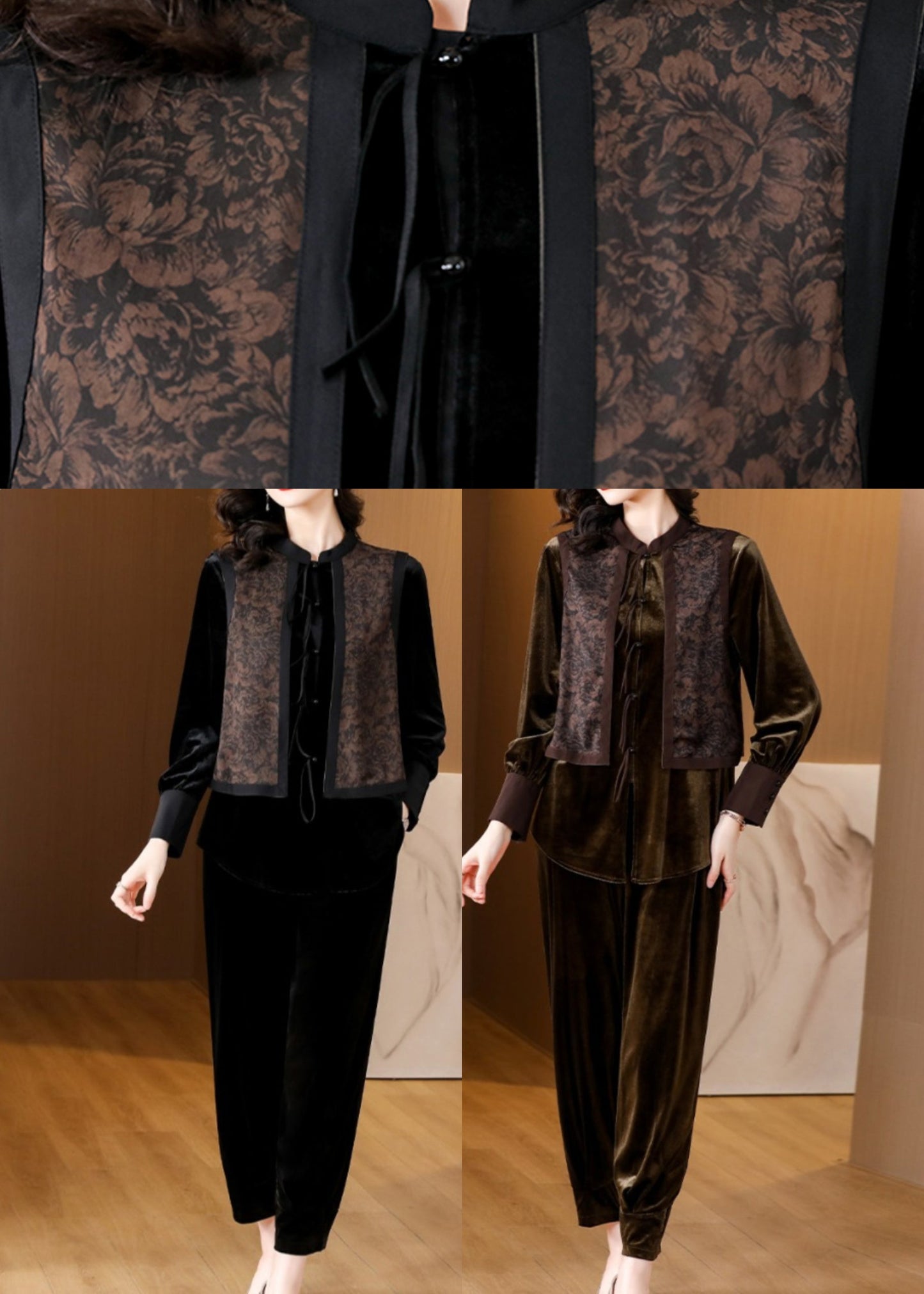 Brown Patchwork Button Silk Velour Top and Harem Pants Two Pieces Set Long Sleeve