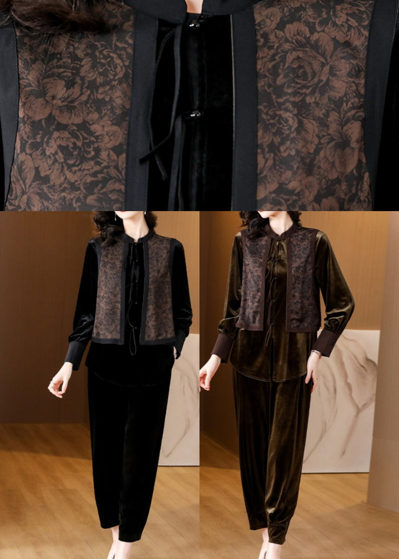 Brown Patchwork Button Silk Velour Top and Harem Pants Two Pieces Set Long Sleeve