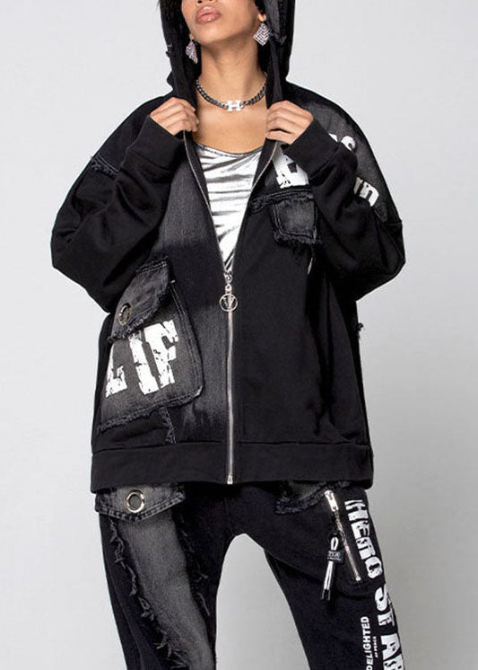 Black Zip Up Pockets Denim Coat Spring