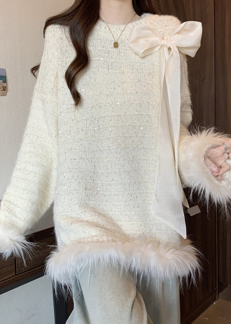 White Patchwork Faux Fur Knit Sweaters Oversized Fall