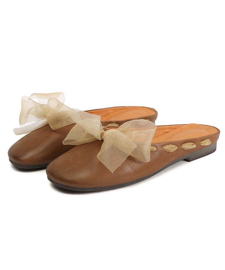 Lace Up Flat Shoes Brown Cowhide Leather Slippers