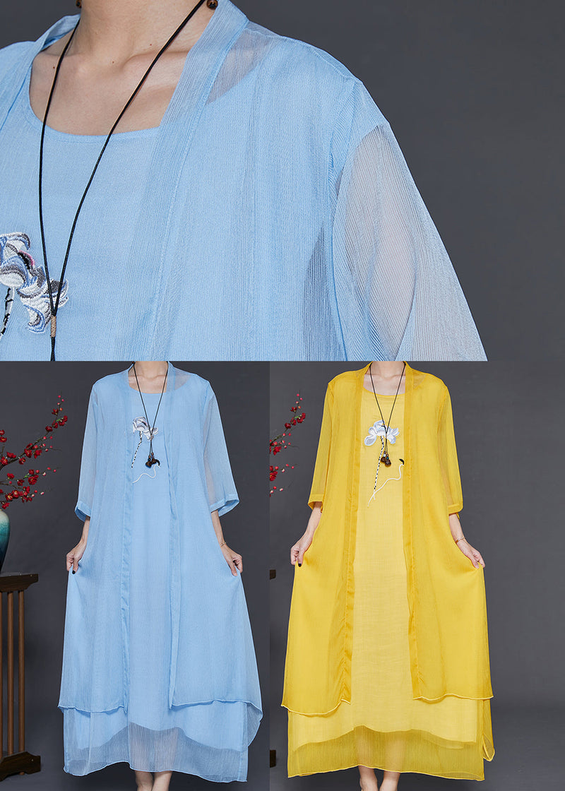 Yellow Embroidered Chiffon Two Pieces Set Summer