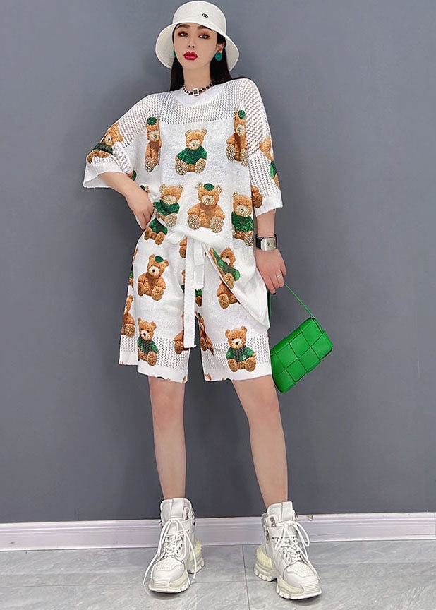 White Teddy Bear Print Cotton Tanks and Shorts Two Pieces Set Short Sleeve