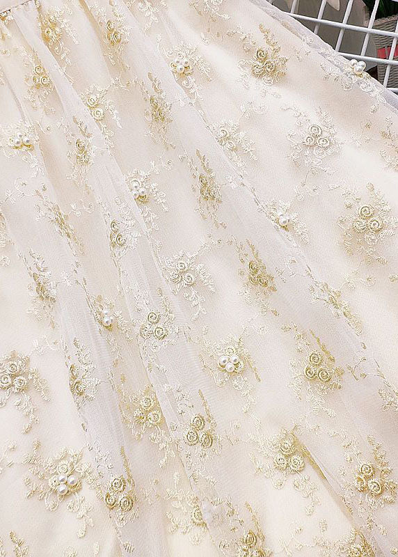 Apricot Elastic Waist Embroideried Nail Bead Tulle Skirts Summer