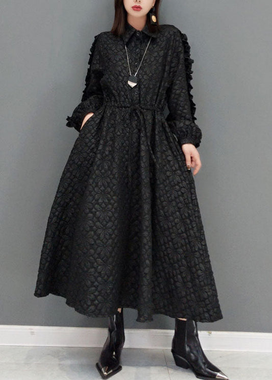Black Tie Waist Peter Pan Collar Jacquard Long Dress Spring