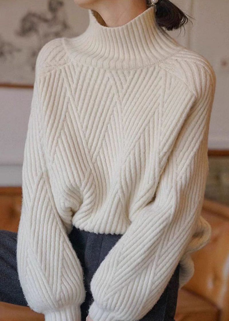 Beige Turtleneck Cozy Patchwork Cotton Knit Sweaters Fall
