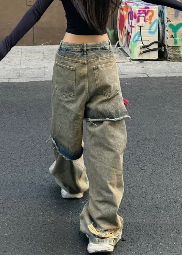 Blue High Waist Fake Two Pieces Hole Denim Pants Fall