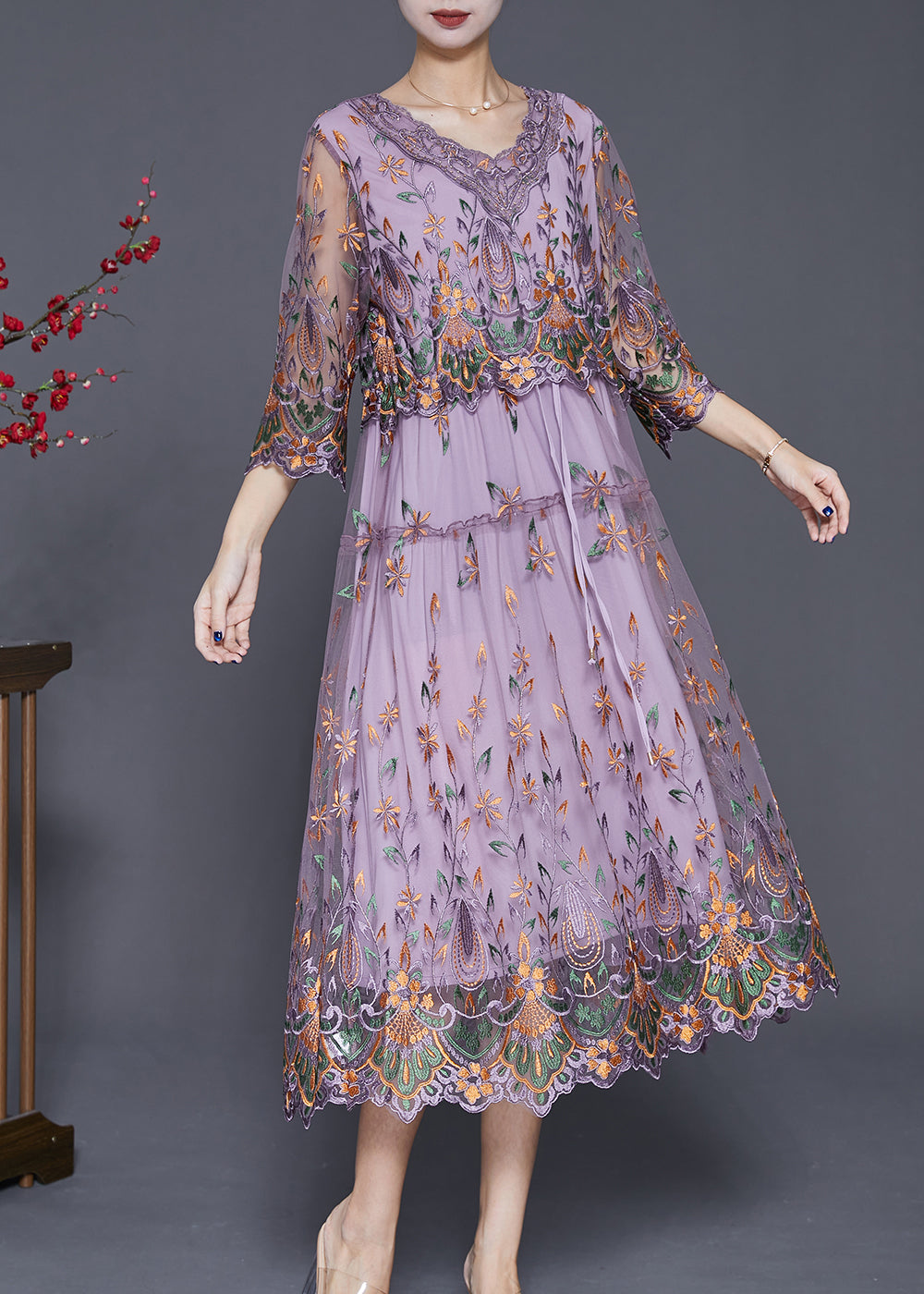 Purple Embroideried Cinched Tulle Long Dress Bracelet Sleeve