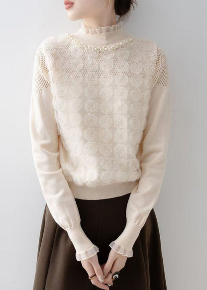 Art Apricot Decorated Nail Bead Knit Blouse Spring