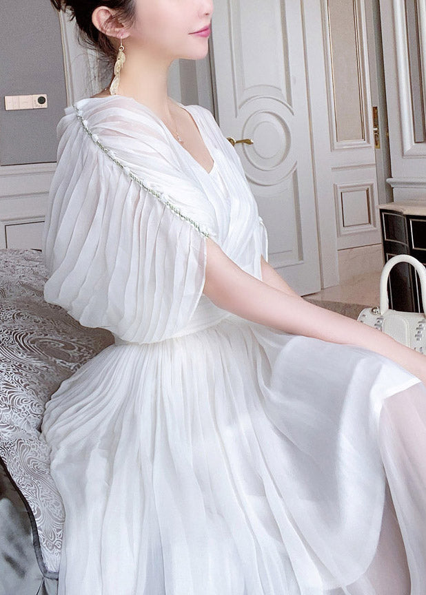 Diy White V Neck Wrinkled Tunic Silk Long Dresses Short Sleeve