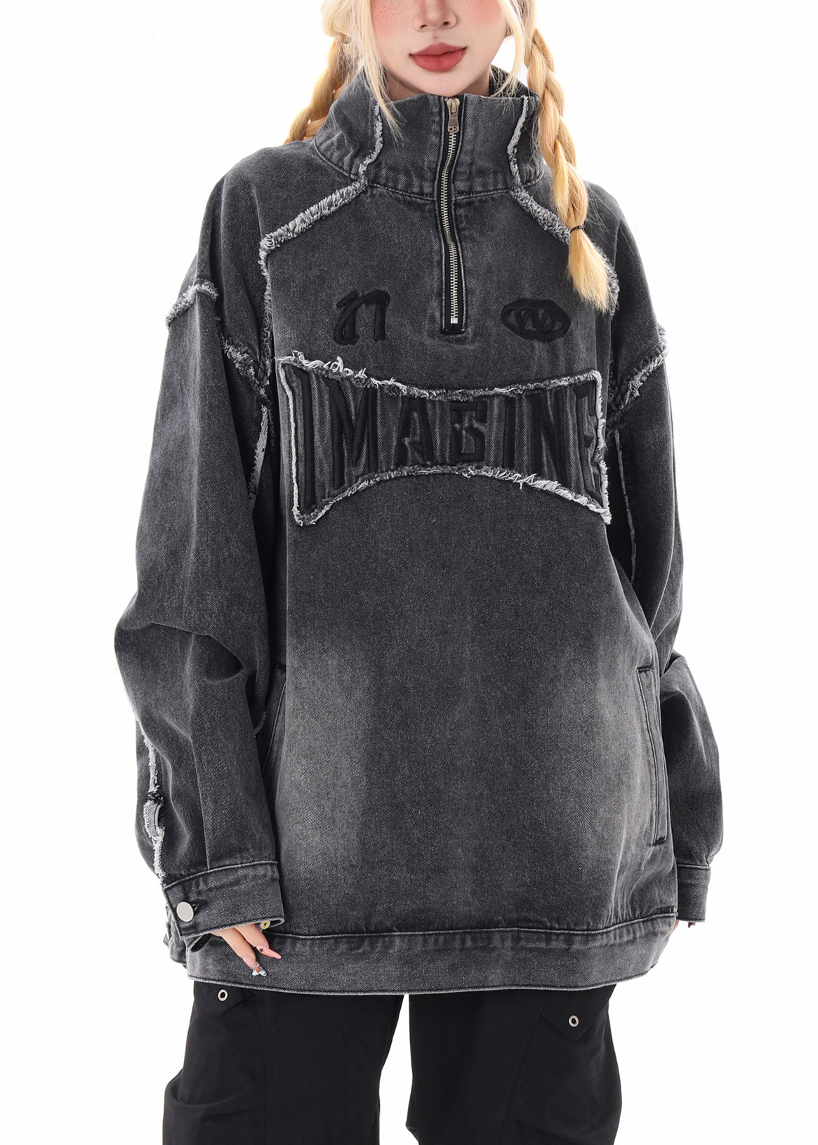 Grey Oversized Stand Collar Embroidered Denim Pullover Coats Spring