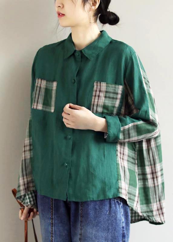 Lapel Patchwork Spring Blouse Fabrics Green Plaid Shirts