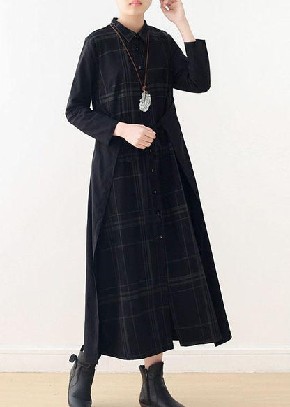 Organic Black Plaid Tie Long Sleeve Holiday Dress Fall