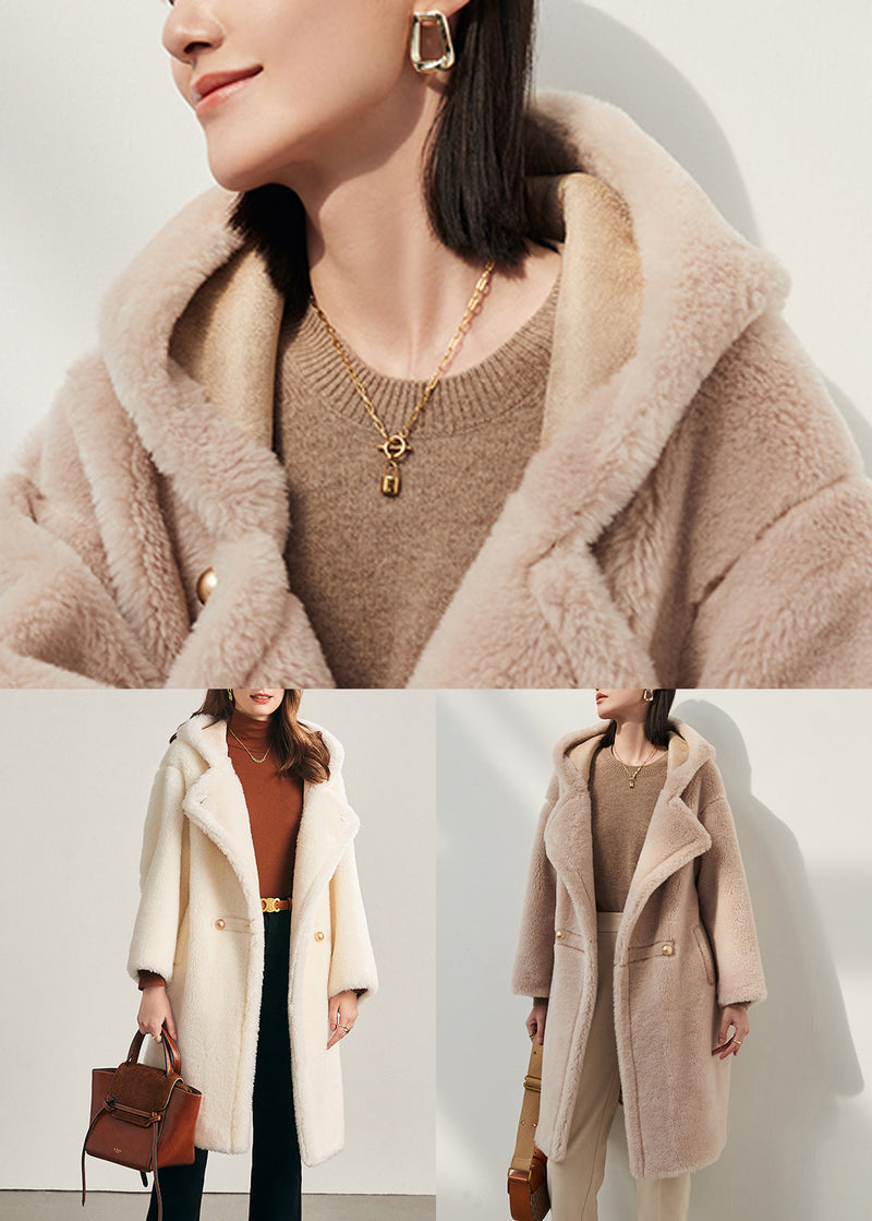 Loose White Hooded Pockets Woolen Coats Winter