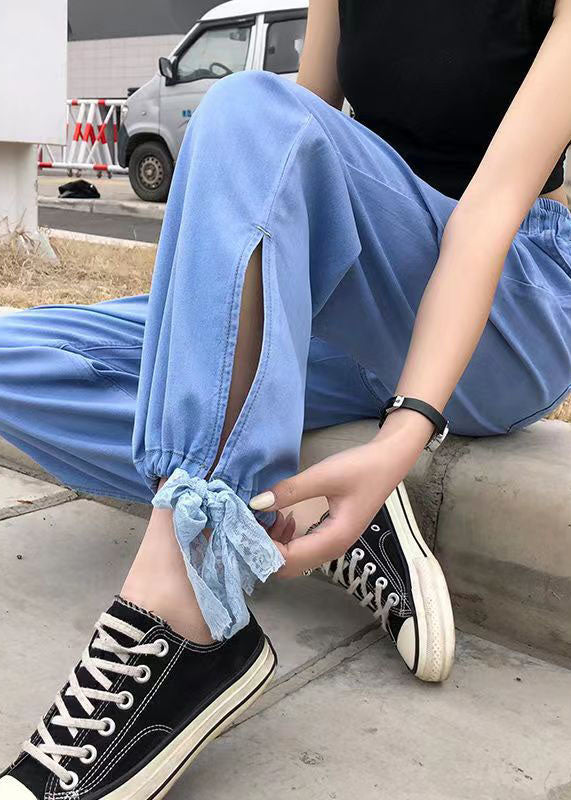 Light Blue Elastic Waist Side Open Drawstring Cotton Denim Pants Summer