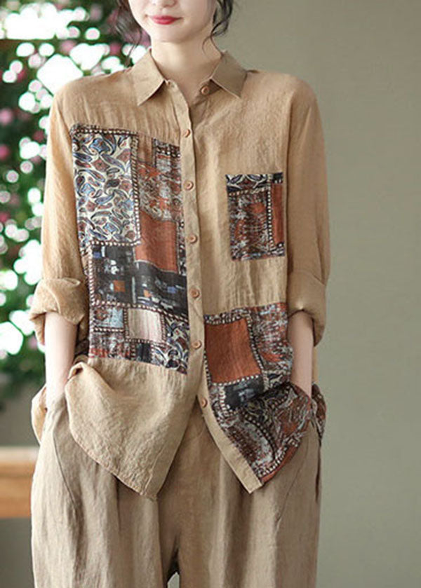 Black Peter Pan Collar Print Linen Shirt Long Sleeve
