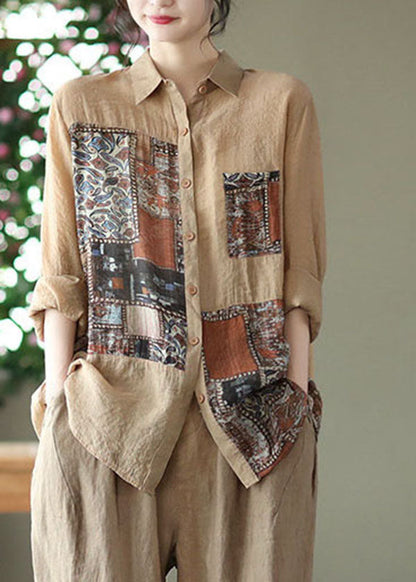 Black Peter Pan Collar Print Linen Shirt Long Sleeve
