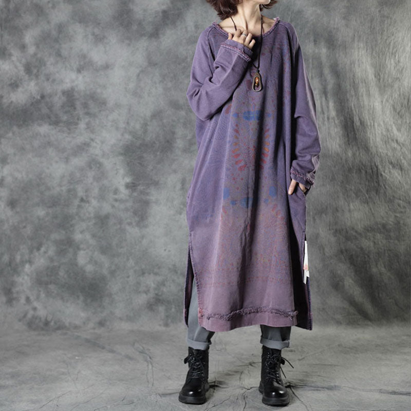 Diy Purple O-neck Side Open Print Fall Dress Long Sleeve