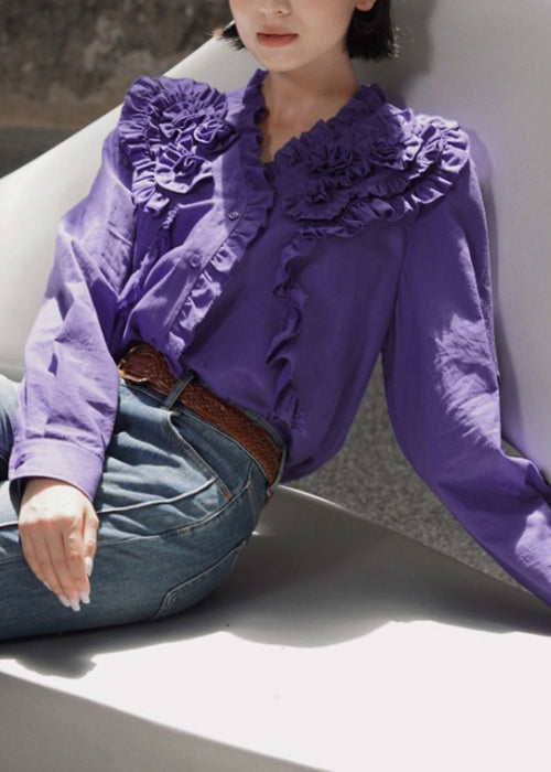 Purple Ruffled Cotton Fall Blouse Tops V Neck