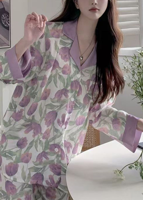Purple Tulip Print Button Ice Silk Pajamas Two Pieces Set Spring