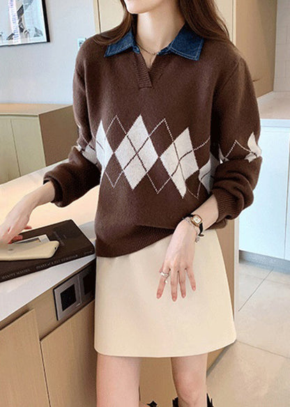 Coffee Peter Pan Collar Geometric Patchwork Knit Blouses Fall