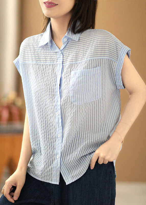 Light Blue Peter Pan Collar Striped Pocket Silk Shirts Short Sleeve