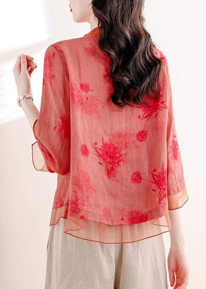 Red Print Tops and Pants Linen Two Pieces Set Summer