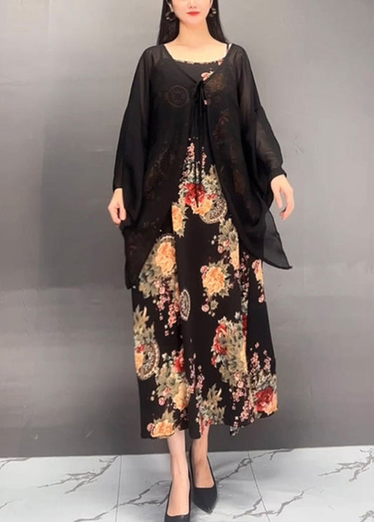 French Black Print Cardigans and Maxi Dress Two Pieces Set Fall