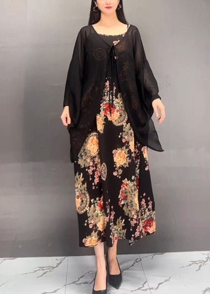French Black Print Cardigans and Maxi Dress Two Pieces Set Fall