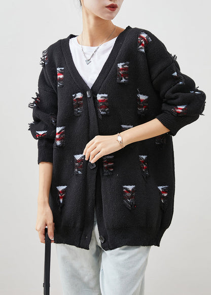 Black Oversized Ripped Thick Knit Coat Spring