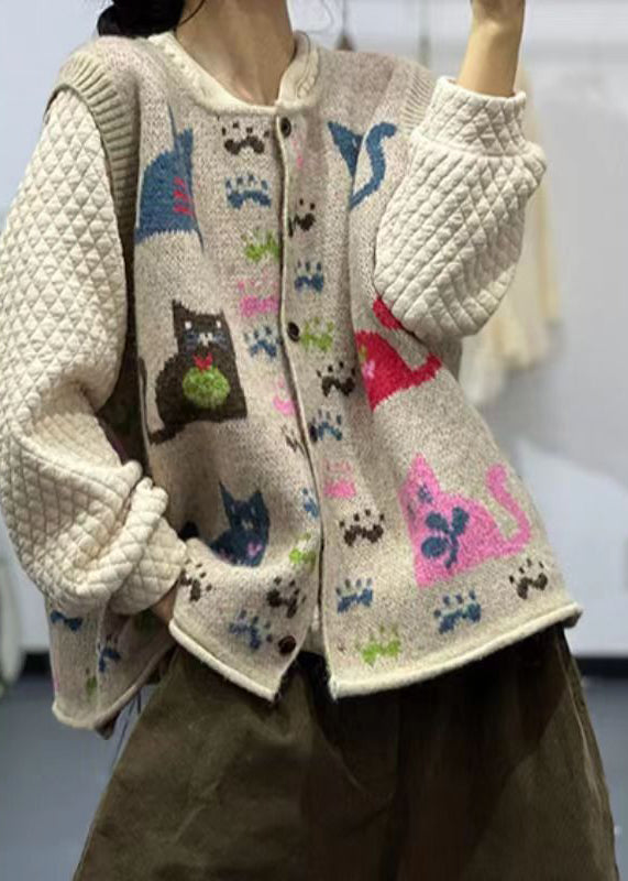 Loose Apricot O Neck Button Animal Print Knit Vest Sleeveless