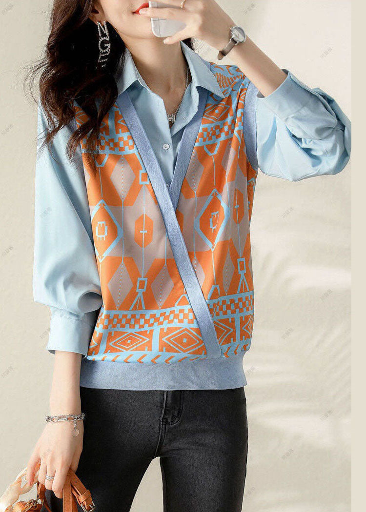 Unique Blue Peterpan Collar Print Vest Tops