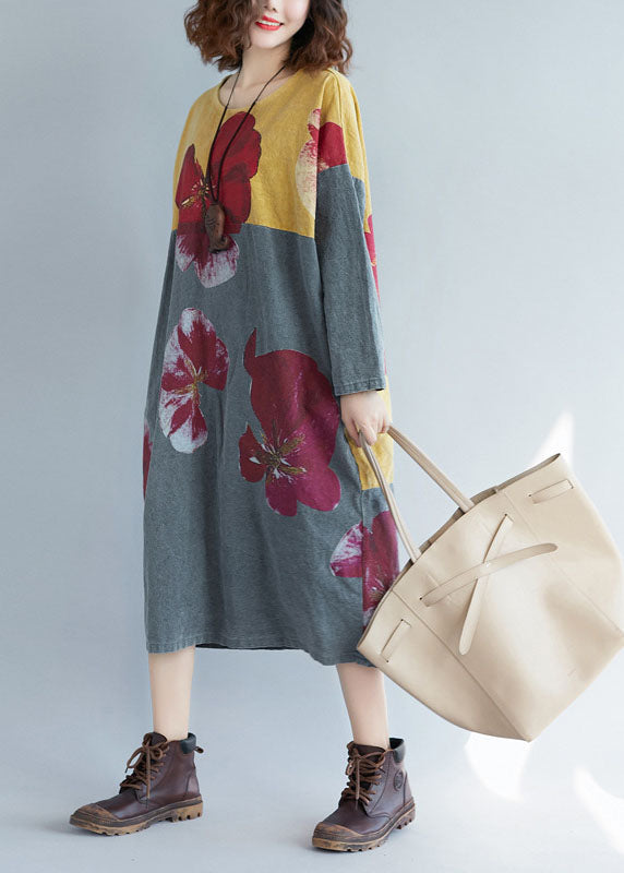 Modern Colorblock O-neck Oversized Patchwork Print Cotton Long Dress Spring