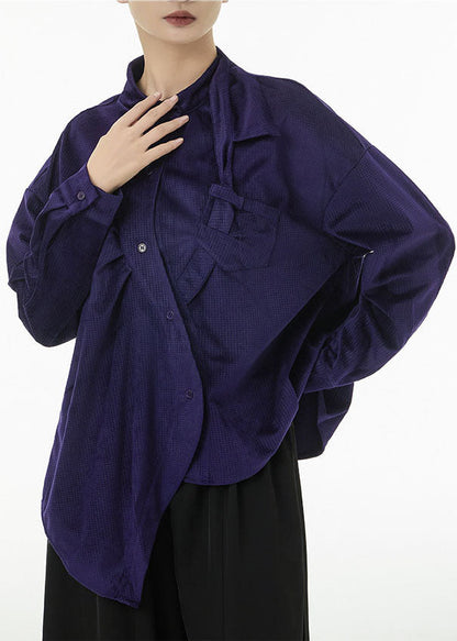 Purple Asymmetrical Design Silk Velour Shirt Top Spring