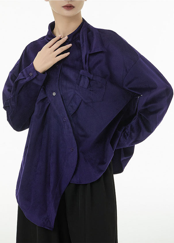 Purple Asymmetrical Design Silk Velour Shirt Top Spring