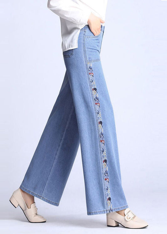 Natural Light Blue Embroideried Pockets Draping Cotton Straight Pants Spring