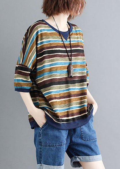 Colorblock O Neck Striped Patchwork Cotton Tops Summer