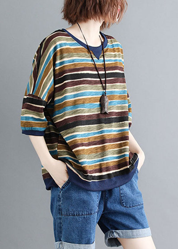 Colorblock O Neck Striped Patchwork Cotton Tops Summer