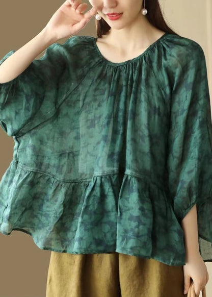 Green O Neck Print Patchwork Linen Shirts Summer