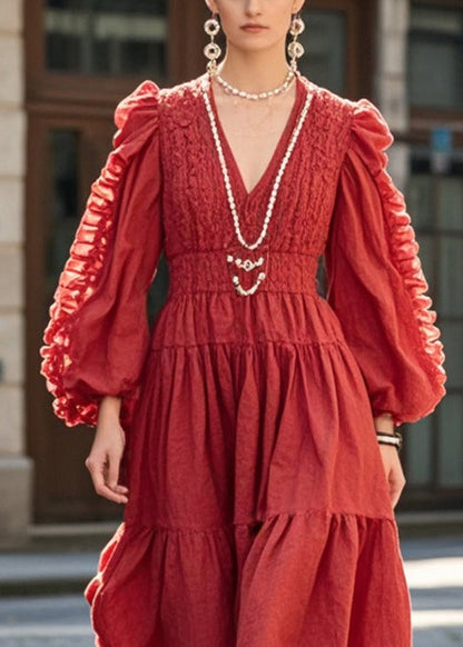 Red Cinched Wrinkled Cotton Holiday Dress Fall