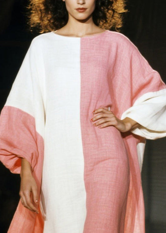 Pink Asymmetrical Patchwork Cotton Dresses Lantern Sleeve