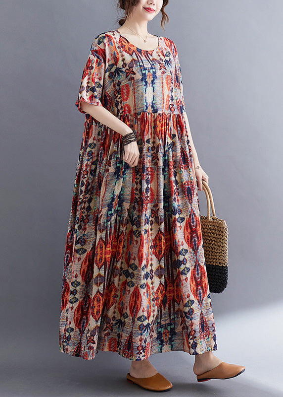 Long Red O-neck Patchwork Cozy Cotton Maxi Dresses Summer