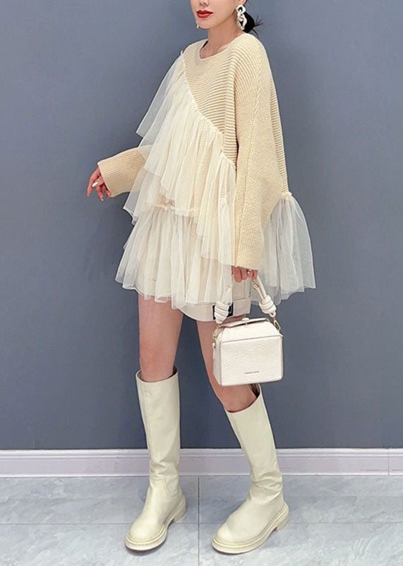 Fitted Beige O-neck Asymmetrical Tulle Patchwork Knit Tops Fall