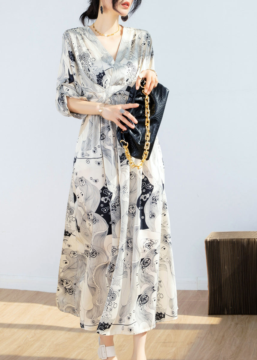 Beige V Neck Print Tie Waist Chiffon Maxi Dress Short Sleeve