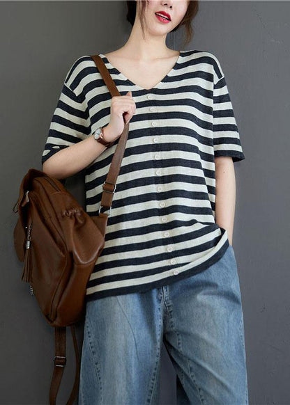 Black White Striped V Neck Button Top Summer